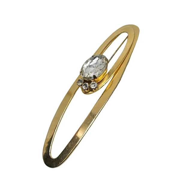 Clear Rhinestone Crystal Oval Bar Brooch Pin Gold Tone Vintage - Picture 3 of 5